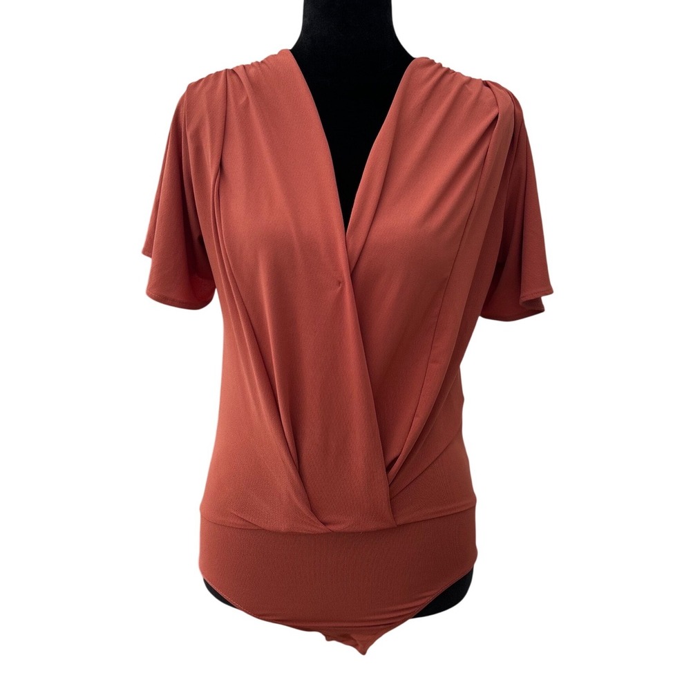 Zara Rust Terracotta Draped Surplice V-Neck Short Sleeve Bodysuit Small